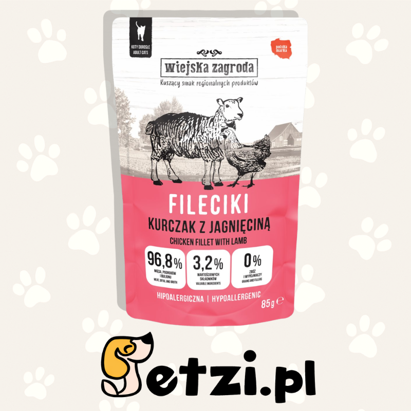 WIEJSKA ZAGRODA KARMA MOKRA DLA KOTA FILECIKI KURCZAK Z JAGNIĘCINĄ (DOROSŁY) 85G