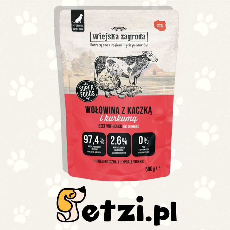 WIEJSKA ZAGRODA MOKRA KARMA PIES WOŁOWINA Z KACZKĄ 500G
