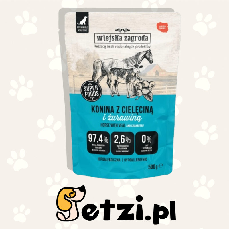 WIEJSKA ZAGRODA MOKRA KARMA PIES KONINA Z CIELĘCINĄ 500G