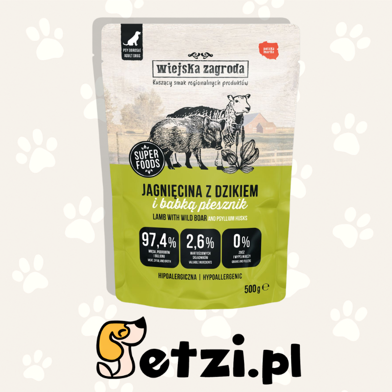 WIEJSKA ZAGRODA MOKRA KARMA PIES JAGNIĘCINA Z DZIKIEM 500G