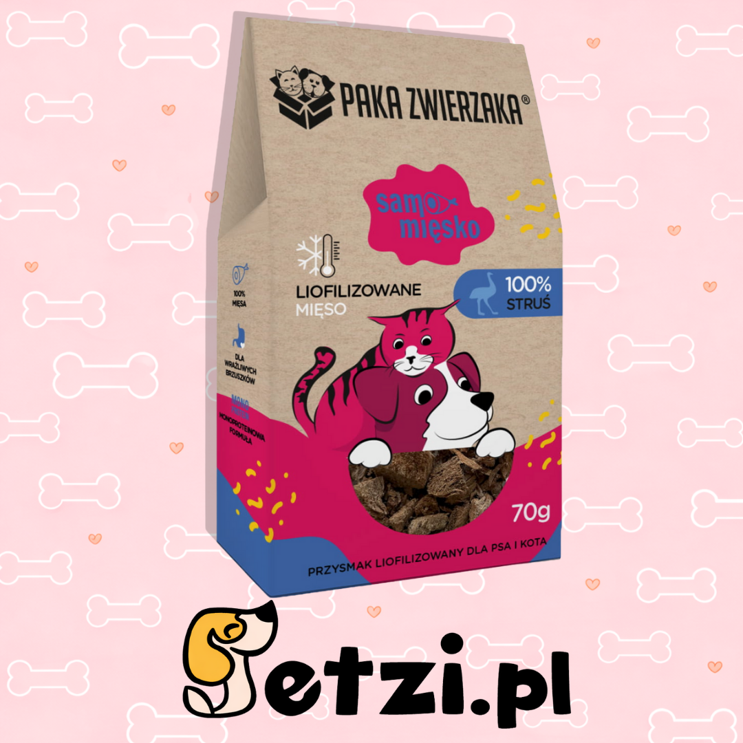 PAKA ZWIERZAKA SAMO MIĘSKO PRZYSMAKI DLA PSA LIO STRUŚ 70G