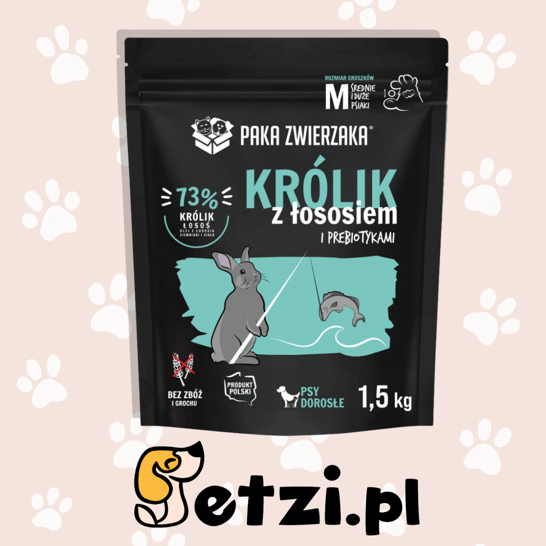 PAKA ZWIERZAKA SUCHA KARMA DLA PSA KRÓLIK Z ŁOSOSIEM M 1,5KG