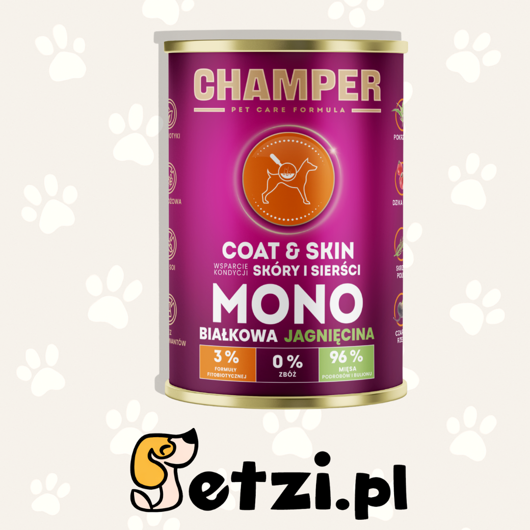 CHAMPER MOKRA KARMA DLA PSA COAT&SKIN MONOBIAŁKOWA JAGNIĘCINA 400G