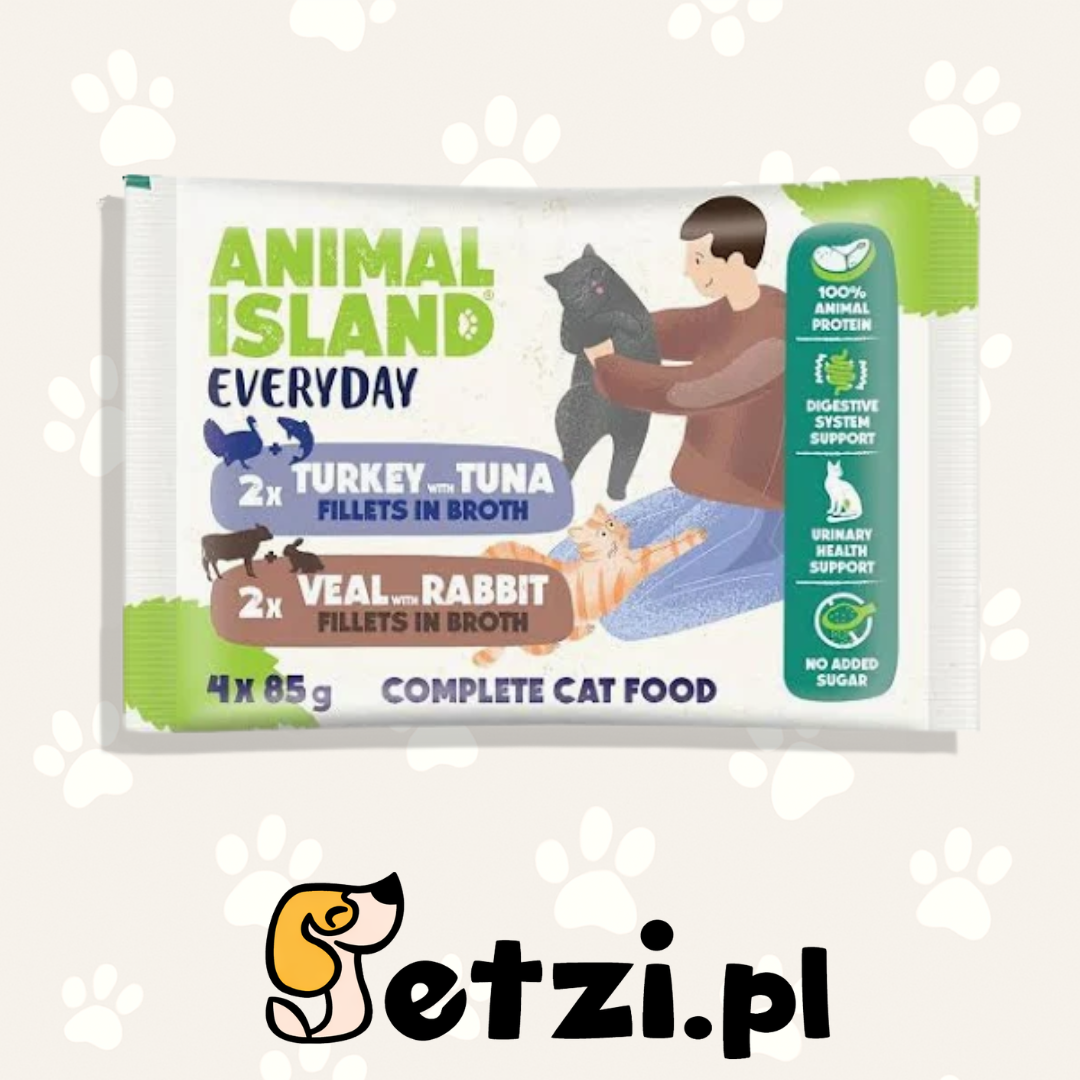 ANIMAL ISLAND EVERYDAY FILLETS IN BROTH MK KOT TURKEY WITH TUNA 2SZT VEAL WITH RABBIT 2SZT 4X85G