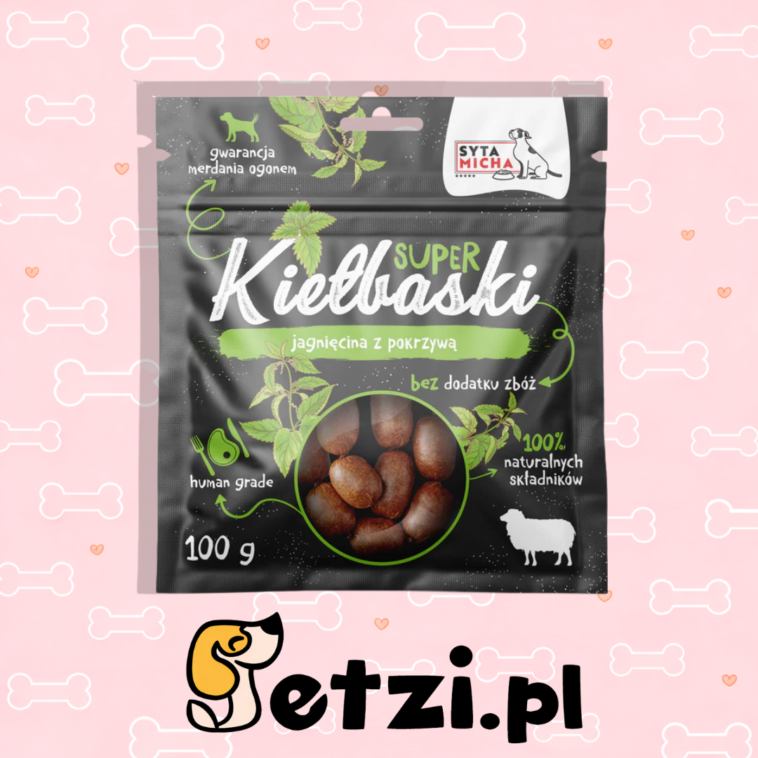 SYTA MICHA SUPER KIEŁBASKI PRZYSMAKI DLA PSA Z JAGNIĘCINĄ I POKRZYWĄ 100G