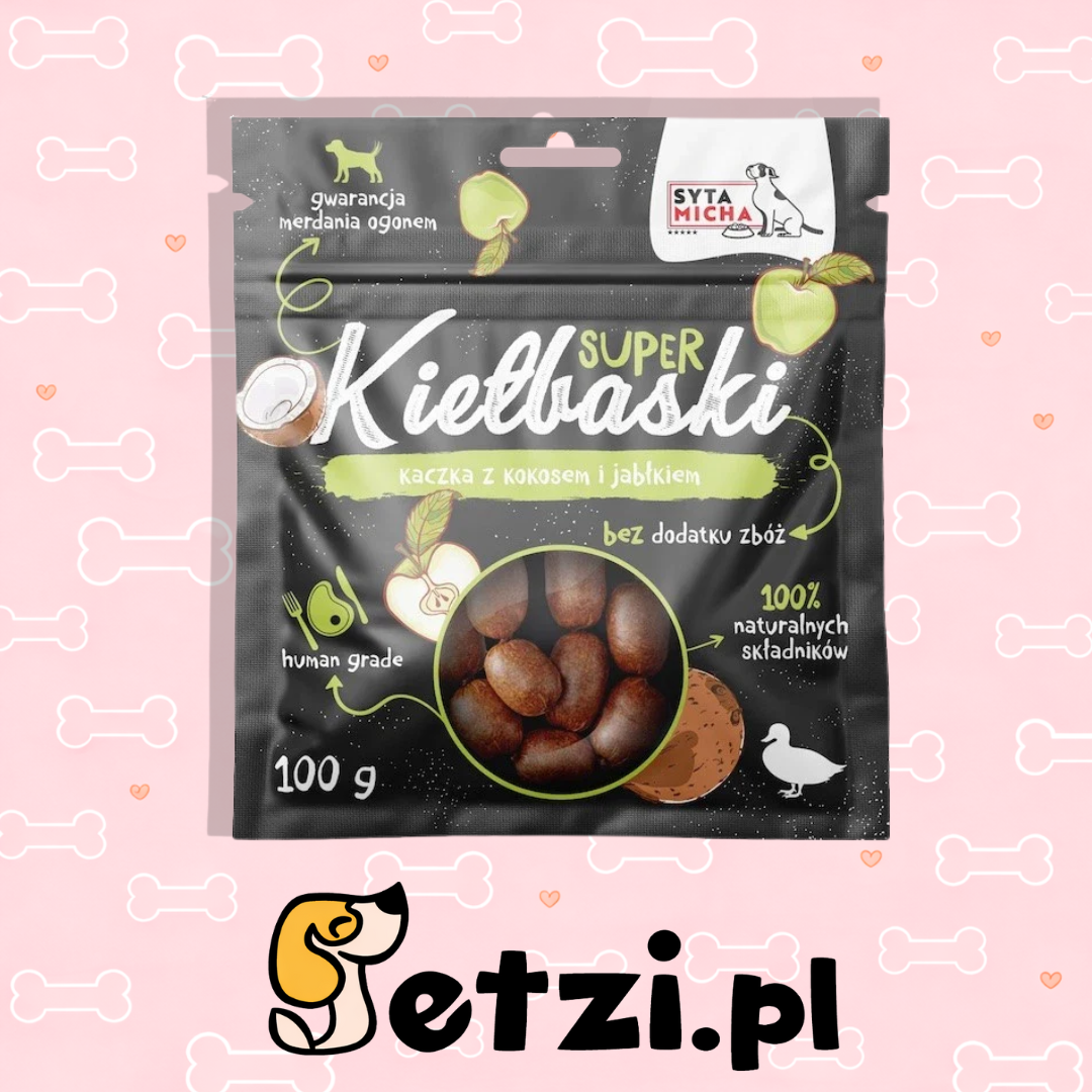 SYTA MICHA SUPER KIEŁBASKI PRZYSMAKI DLA PSA Z KACZKĄ, KOKOSEM I JABŁKIEM 100G