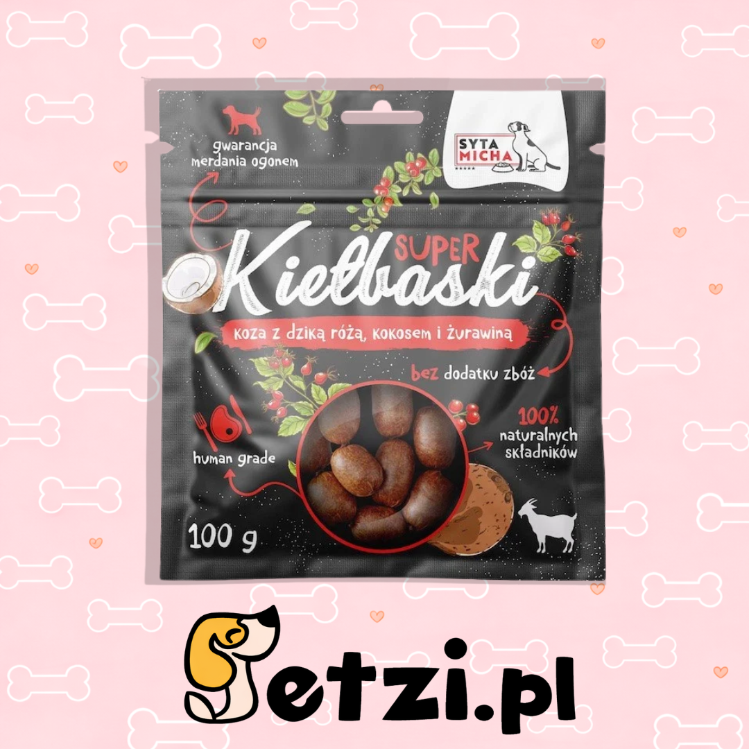SYTA MICHA SUPER KIEŁBASKI PRZYSMAKI DLA PSA Z KOZĄ, DZIKĄ RÓŻĄ I KOKOSEM 100G