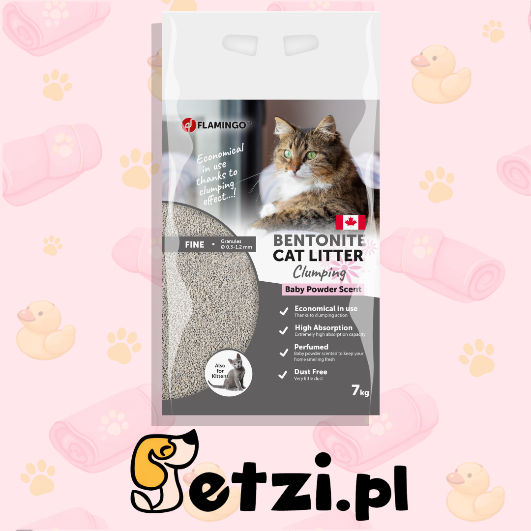 FLAMINGO CAT LITTER BENTONITE CAN BABY POWDER SCENT FINE 7KG