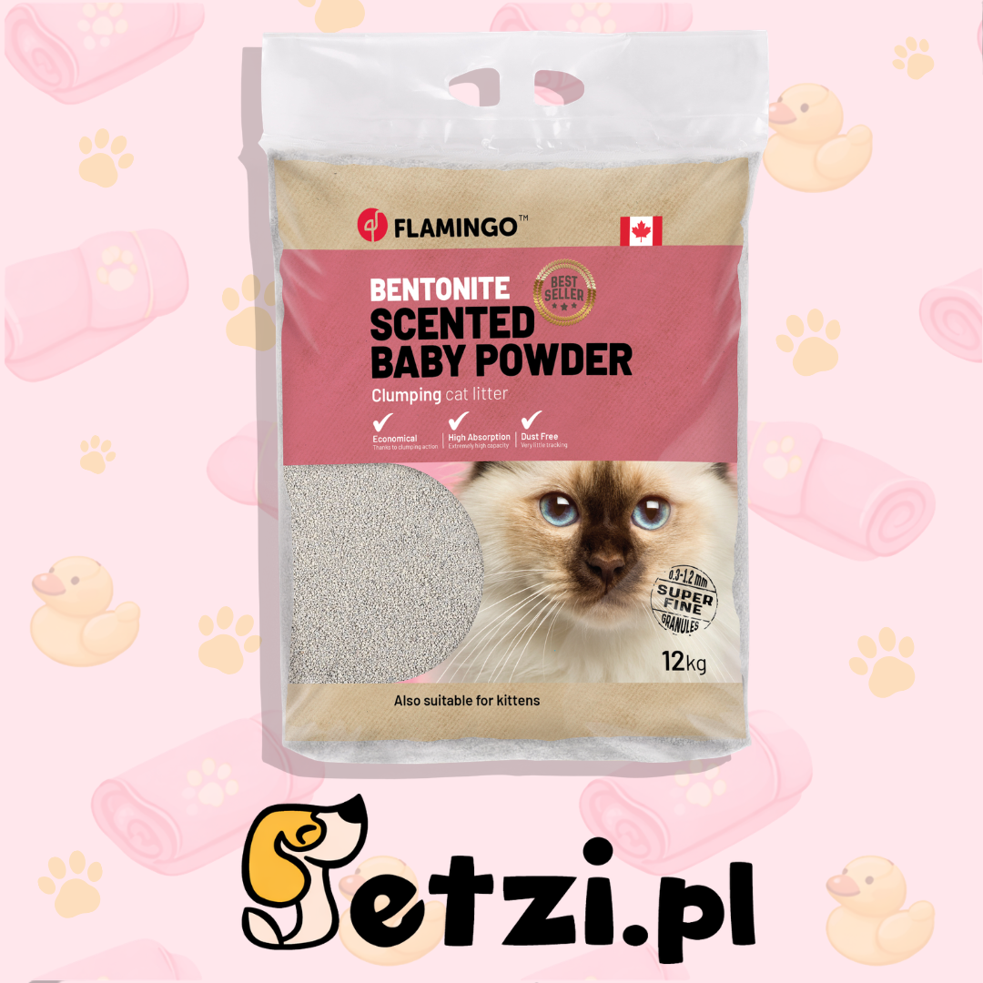 FLAMINGO CAT LITTER BENTONITE CAN BABY POWDER SCENT FINE 12KG