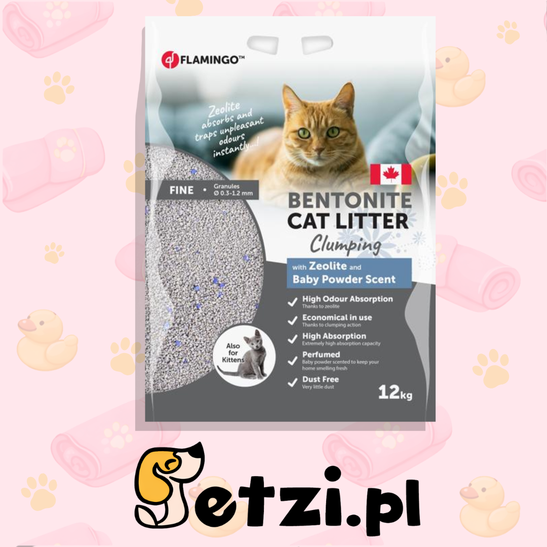 FLAMINGO CAT LITTER BENTONITE CAN BABY POWDER SCENT + BLUE ZEOLITE FINE 12KG