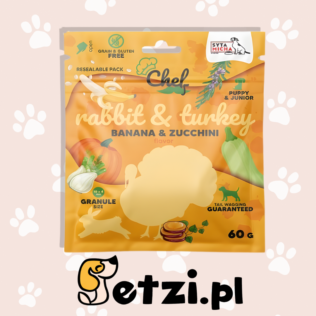 SYTA MICHA CHEF JUNIOR SUCHA KARMA DLA PSA KRÓLIK Z INDYKIEM, BANANEM, CUKINIĄ 60G