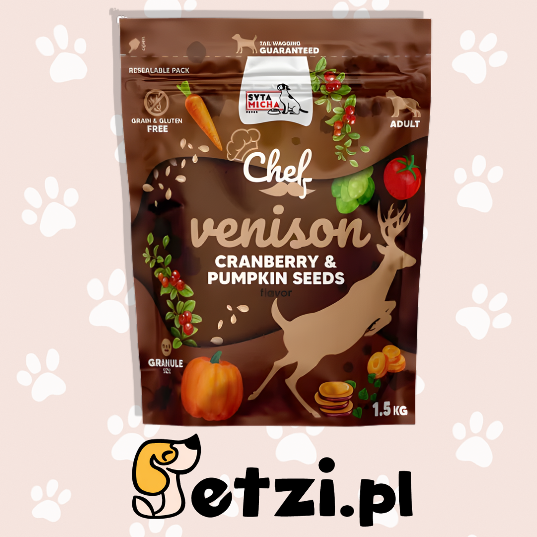 SYTA MICHA CHEF SUCHA KARMA DLA PSA DZICZYZNA, ŻURAWINA, PESTKI DYNI 1,5KG