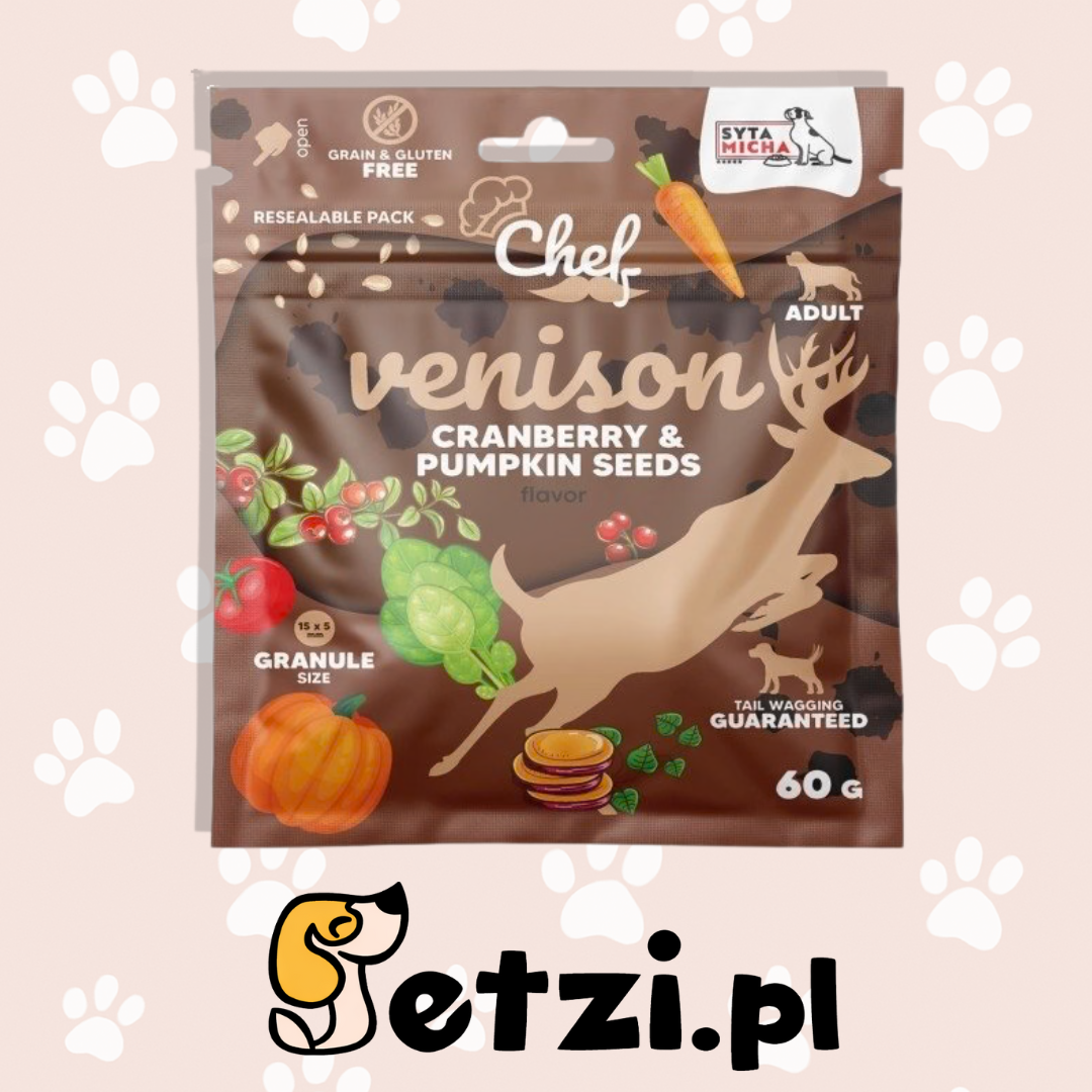 SYTA MICHA CHEF SUCHA KARMA DLA PSA DZICZYZNA, ŻURAWINA, PESTKI DYNI 60G