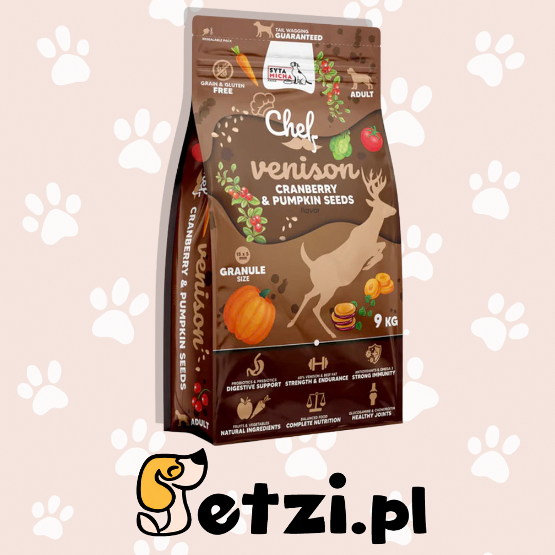 SYTA MICHA CHEF SUCHA KARMA DLA PSA DZICZYZNA, ŻURAWINA, PESTKI DYNI 9KG