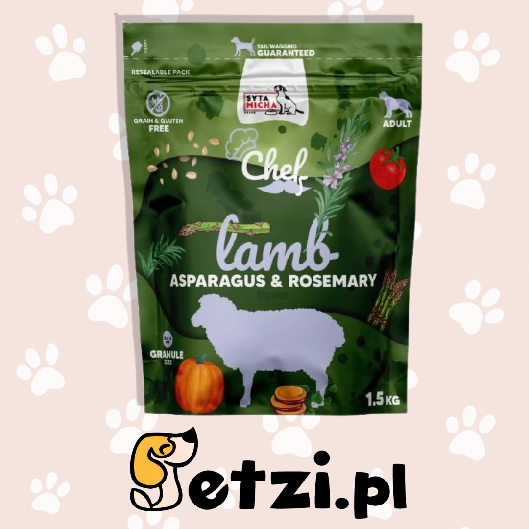 SYTA MICHA CHEF SUCHA KARMA DLA PSA JAGNIĘCINA, SZPARAGI, ROZMARYN 1,5KG