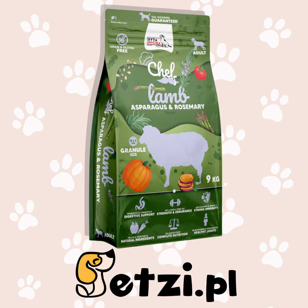 SYTA MICHA CHEF SUCHA KARMA DLA PSA JAGNIĘCINA, SZPARAGI, ROZMARYN 9KG