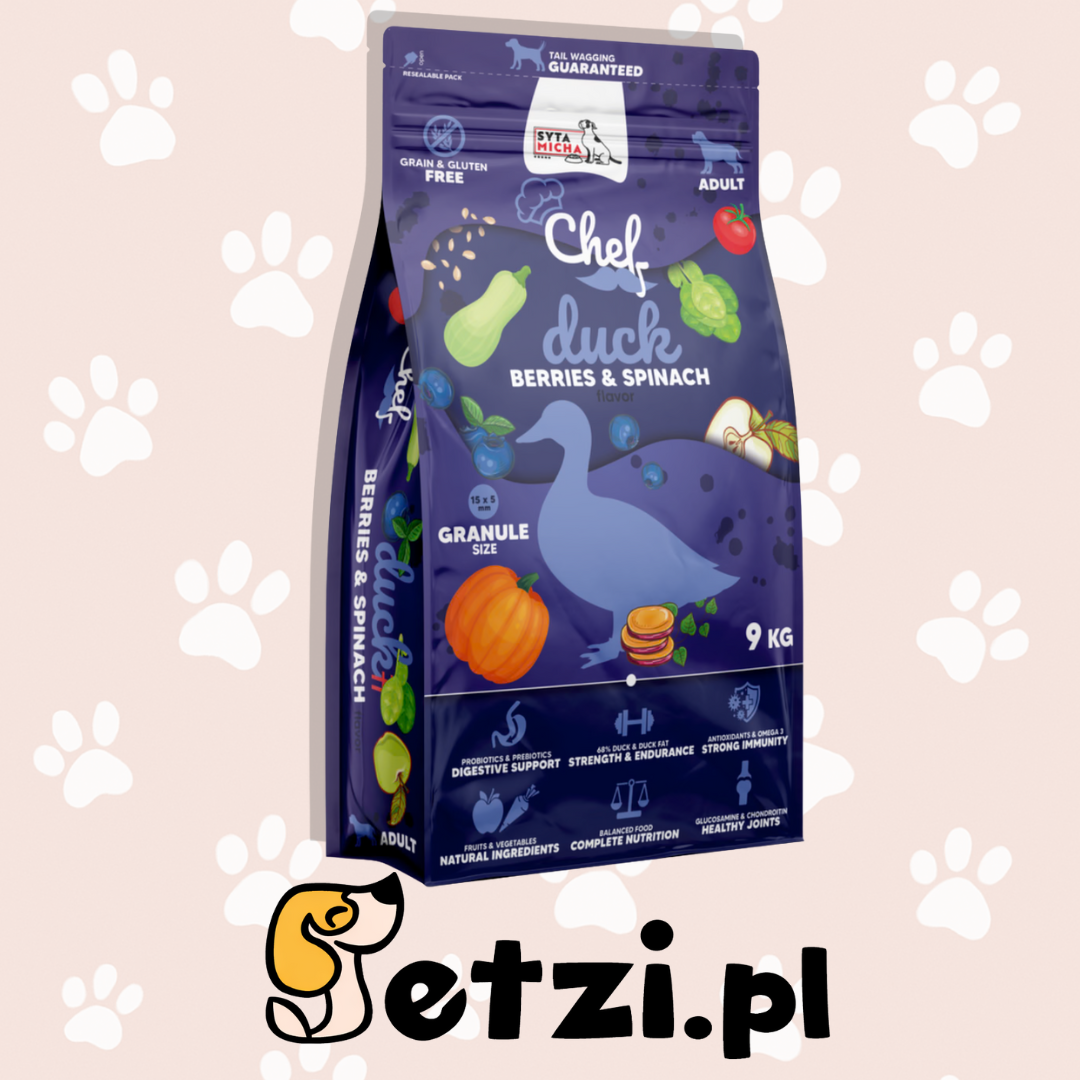 SYTA MICHA CHEF SUCHA KARMA DLA PSA KACZKA, JAGODY, SZPINAK 9KG