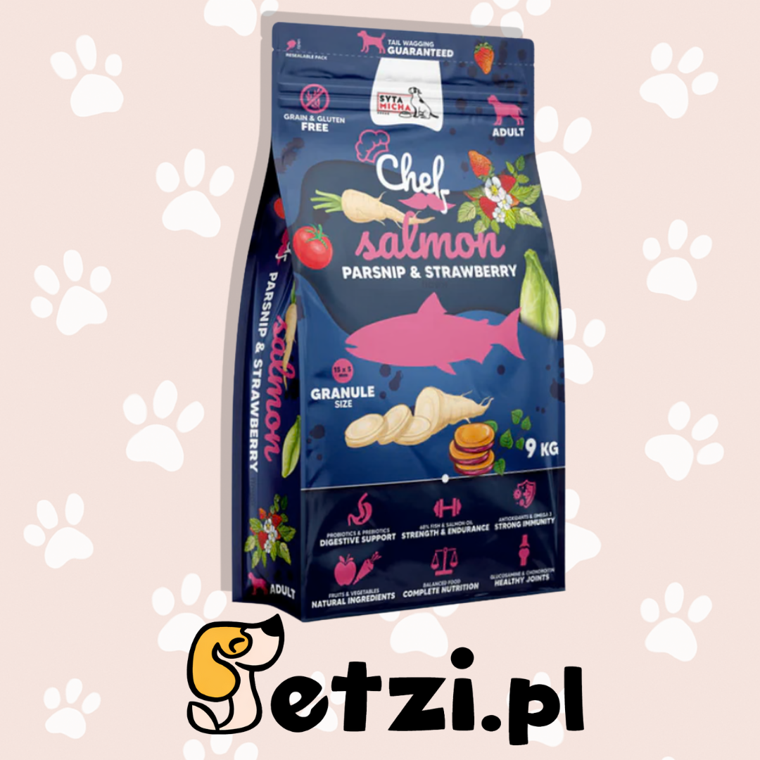 SYTA MICHA CHEF SUCHA KARMA DLA PSA ŁOSOŚ, PASTERNAK, TRUSKAWKI 9KG
