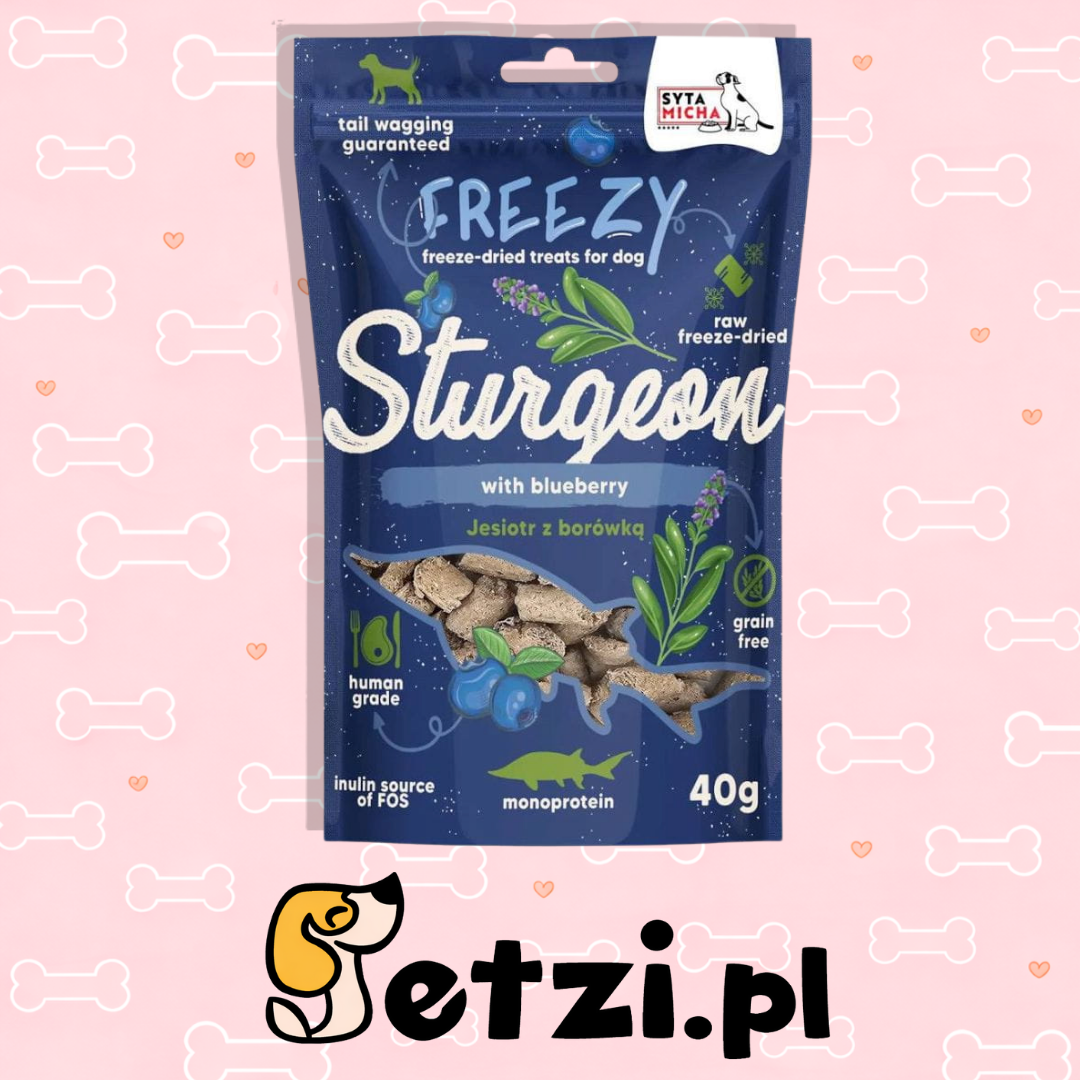 SYTA MICHA FREEZY PRZYSMAKI DLA PSA LIO JESIOTR Z BORÓWKĄ I SUSZONĄ SZAŁWIĄ 40G