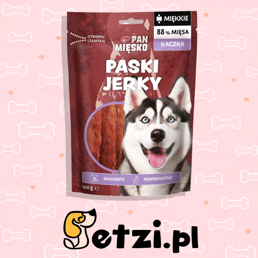 PAN MIĘSKO PRZYSMAKI DLA PSA PASKI JERKY KACZKA 100G