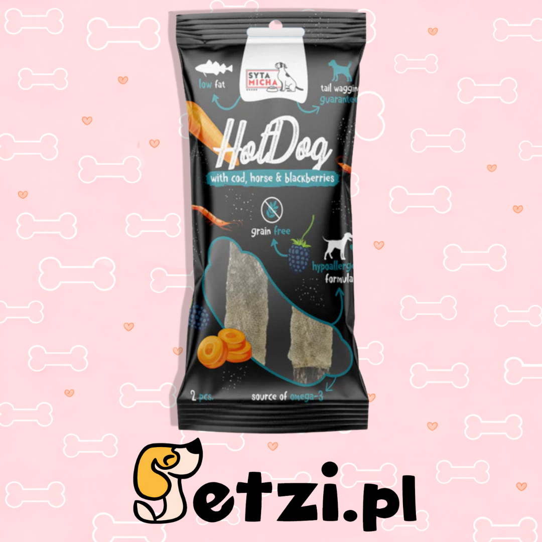 SYTA MICHA HOT DOG GRYZAK DLA PSA KONINA Z JEŻYNAMI W SKÓRZE Z DORSZA 2SZT