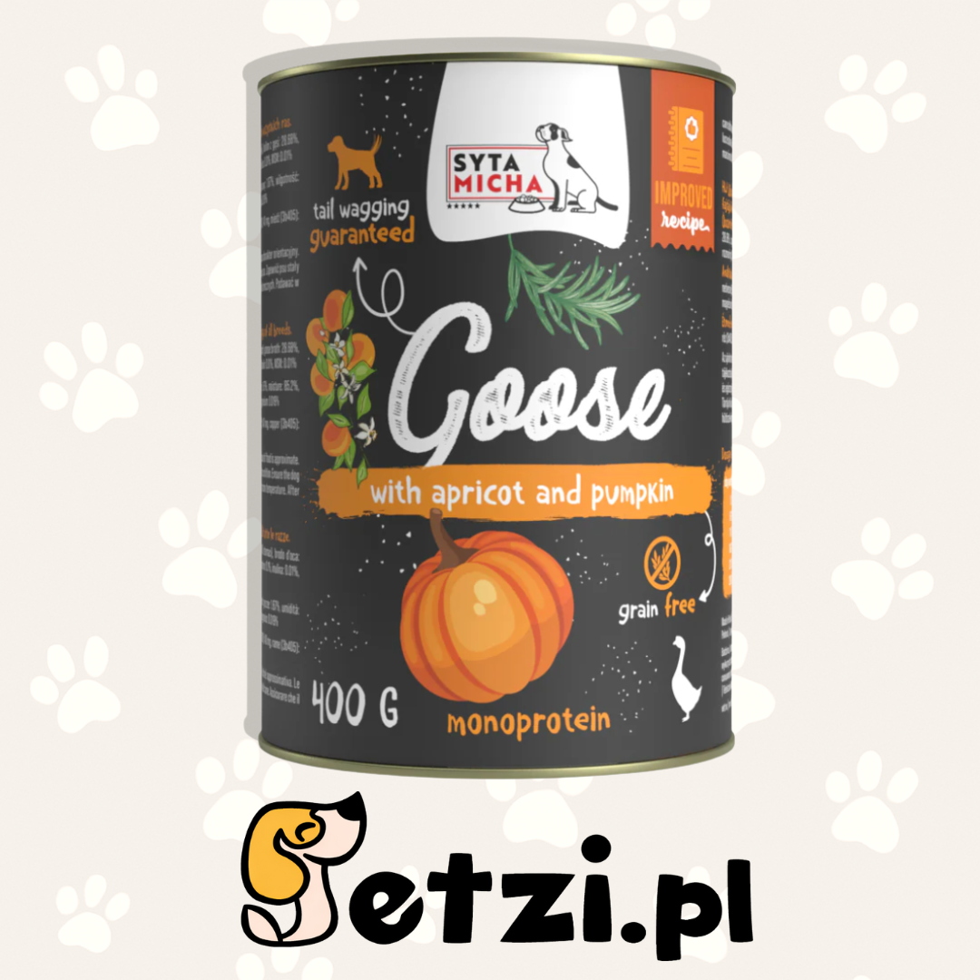 SYTA MICHA MOKRA KARMA DLA PSA GĘŚ Z WOŁOWINĄ, MORELĄ I DYNIĄ 400G