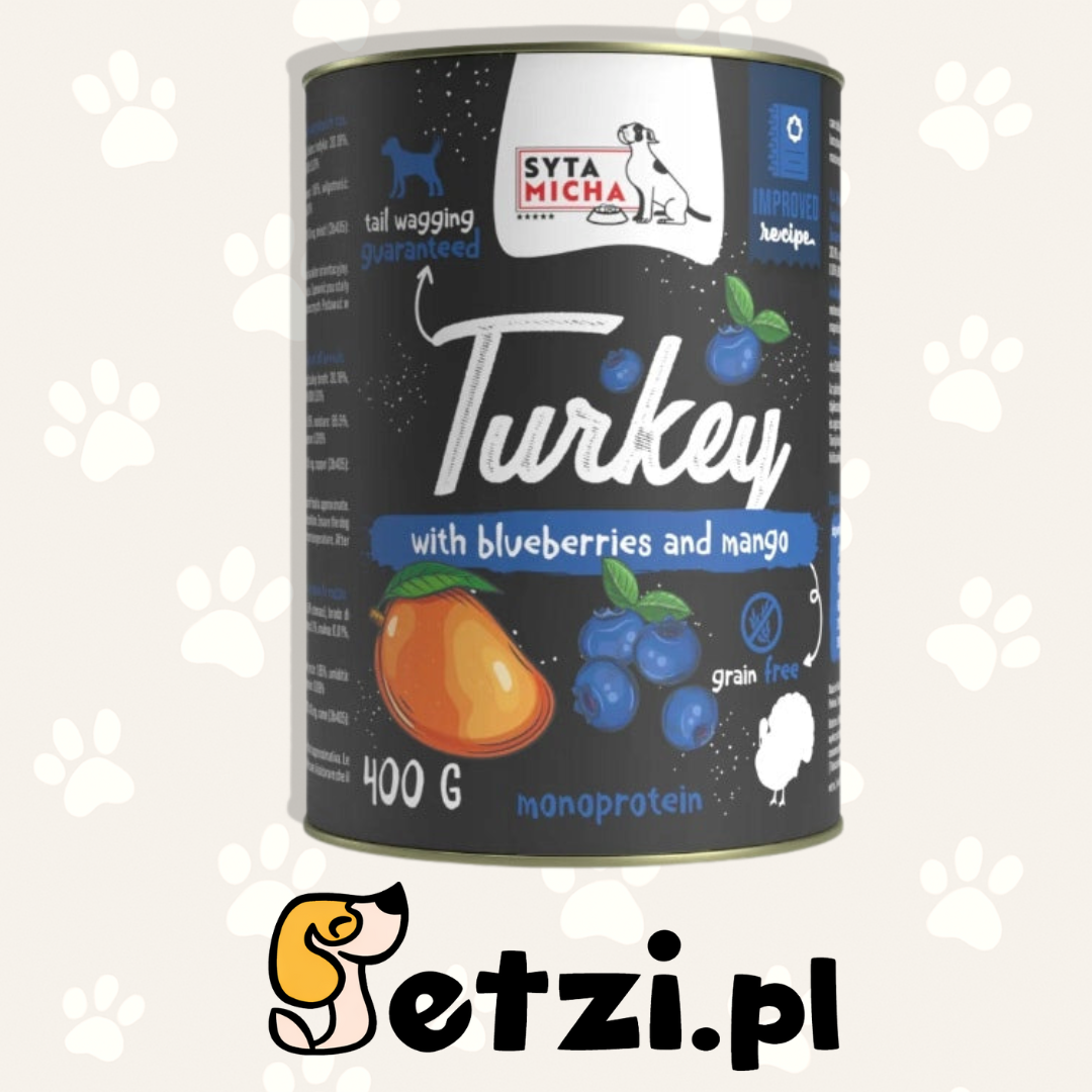 SYTA MICHA MOKRA KARMA DLA PSA INDYK Z PRZEPIÓRKĄ, JAGODAMI I MANGO 400G