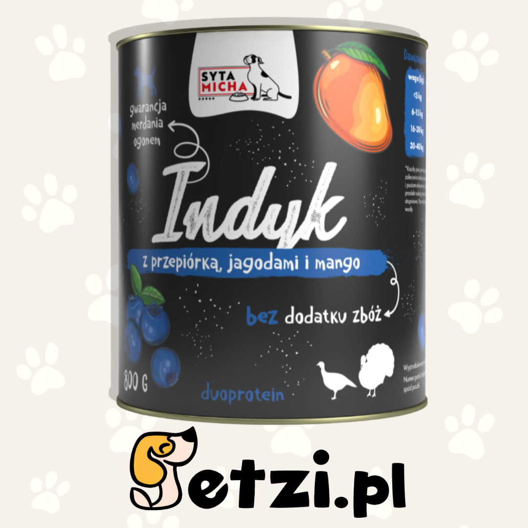 SYTA MICHA MOKRA KARMA DLA PSA INDYK Z PRZEPIÓRKĄ, JAGODAMI I MANGO 800G