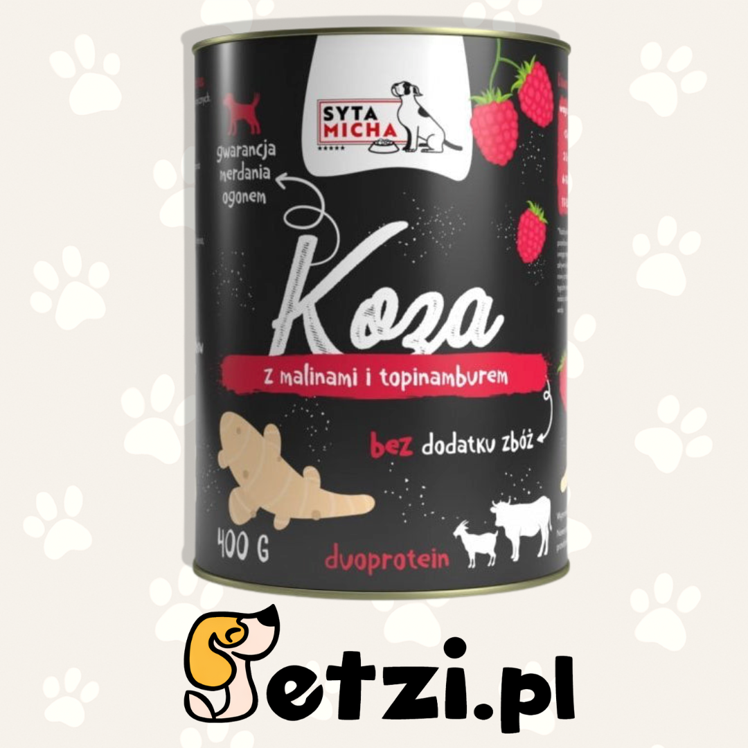 SYTA MICHA MOKRA KARMA DLA PSA KOZA Z MALINAMI I TOPINAMBUREM 400G