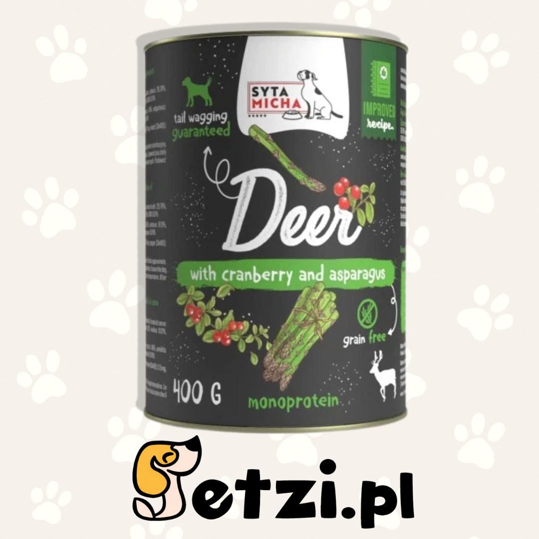 SYTA MICHA MOKRA KARMA DLA PSA ŁOSOŚ Z JELENIEM, ŻURAWINĄ I SZPARAGAMI 400G