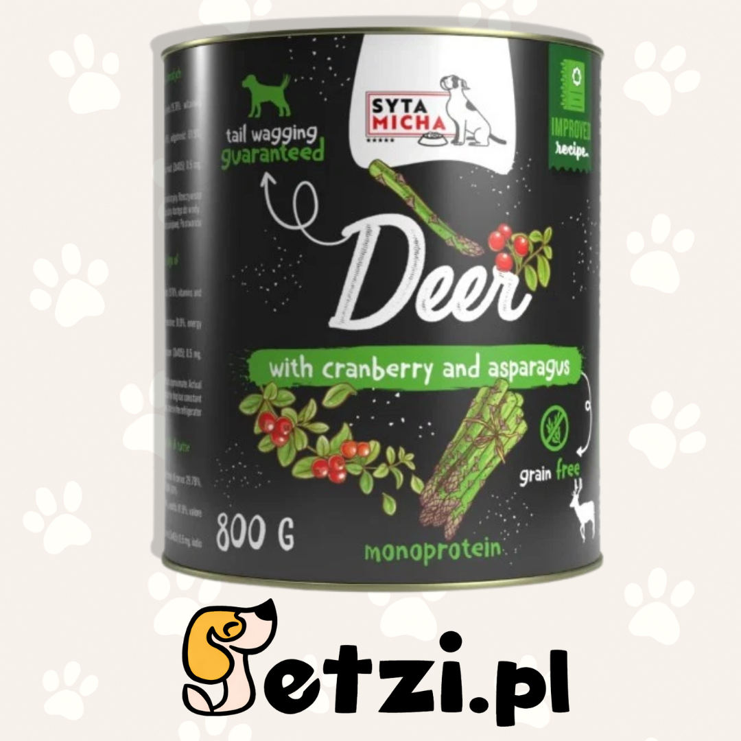 SYTA MICHA MOKRA KARMA DLA PSA ŁOSOŚ Z JELENIEM, ŻURAWINĄ I SZPARAGAMI 800G
