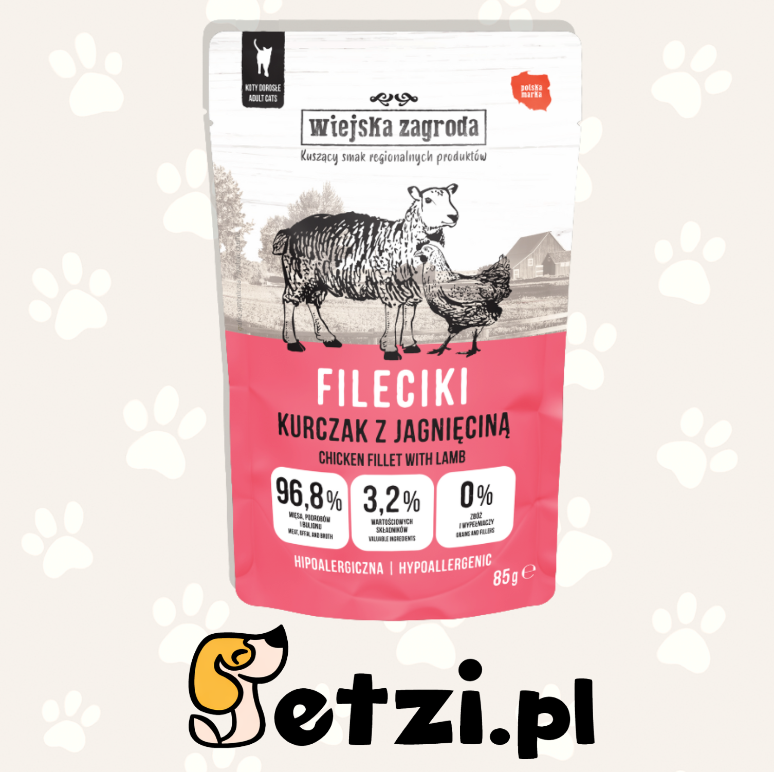 WIEJSKA ZAGRODA MOKRA KARMA DLA KOTA FILECIKI KURCZAK Z JAGNIĘCINĄ 85G