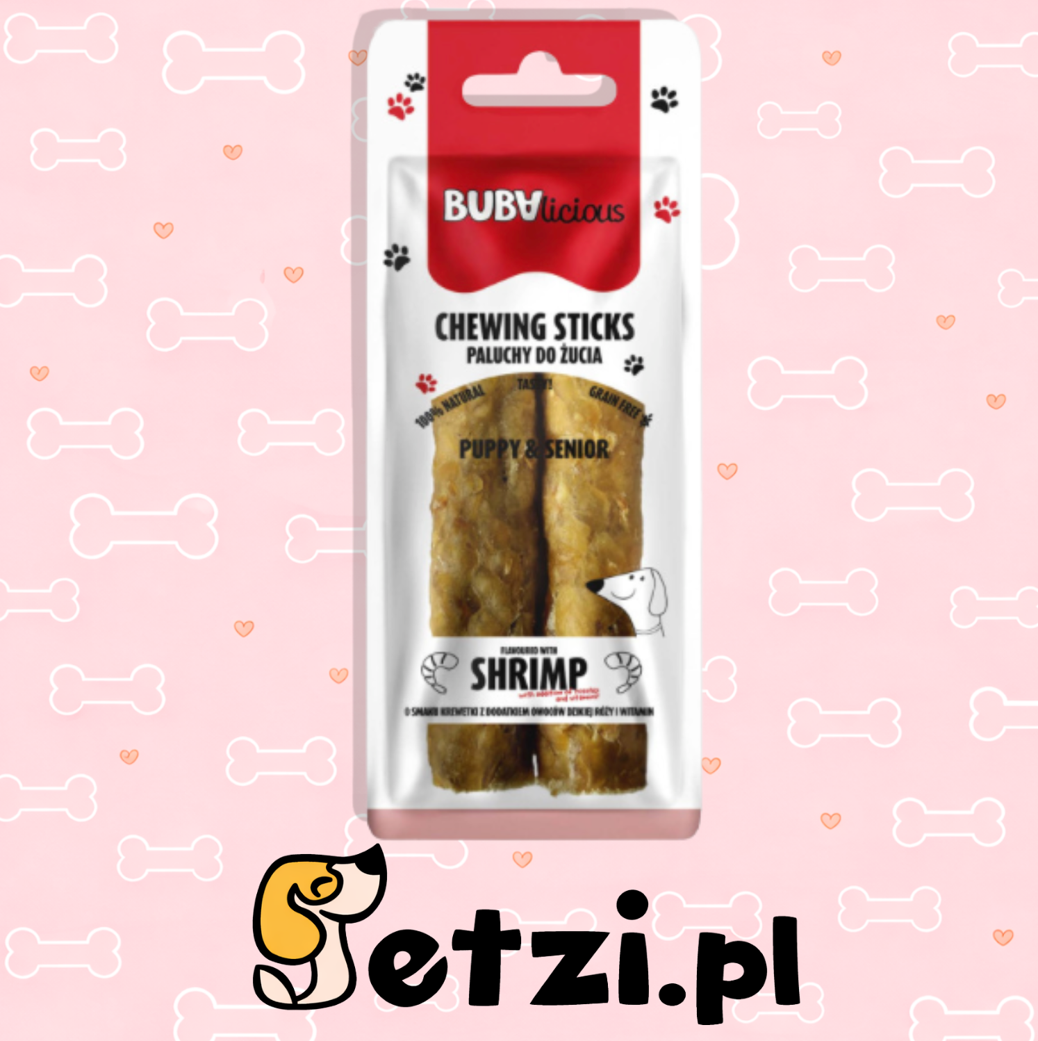BUBALICIOUS PALUCH O SMAKU KREWETKI Z DZIKĄ RÓŻĄ I WITAMINAMI  PUPPY 2X KREWETKA
